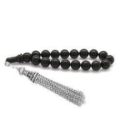 Dull Metal With Tassels, Black Pressed Amber Efe Rosary