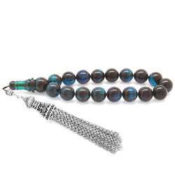 Dull Metallic Tassel Filtered Turquoise Black Fire Amber Efe Rosary - 1