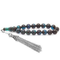 Dull Metallic Tassel Filtered Turquoise Black Fire Amber Efe Rosary - 2