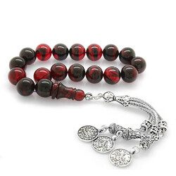 Dullness Metal Mecidiye Tassel Red-Black Fire Amber Efe Rosary - 2