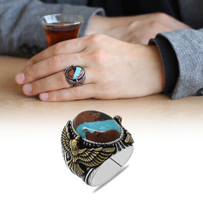 Eagle Design Natural Arizona Turquoise Stone 925 Sterling Silver Mens Ring - 1