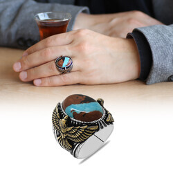 Eagle Design Natural Arizona Turquoise Stone 925 Sterling Silver Mens Ring - 4