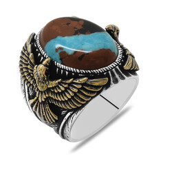 Eagle Design Natural Arizona Turquoise Stone 925 Sterling Silver Mens Ring - Thumbnail