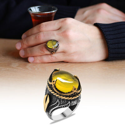 Elegant 925 Sterling Silver Mens Ring With Natural Amber Drops - 1