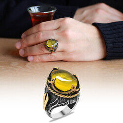 Elegant 925 Sterling Silver Mens Ring With Natural Amber Drops - 6