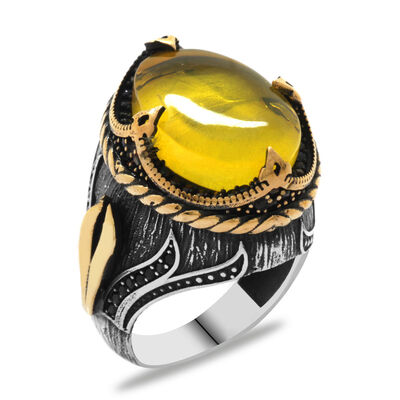 Elegant 925 Sterling Silver Mens Ring With Natural Amber Drops