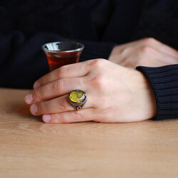Elegant 925 Sterling Silver Mens Ring With Natural Amber Drops - Thumbnail