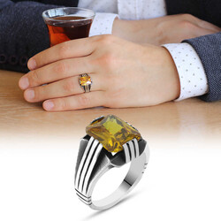 Elegant Mens 925 Sterling Silver Yellow Zirconia Ring - Thumbnail