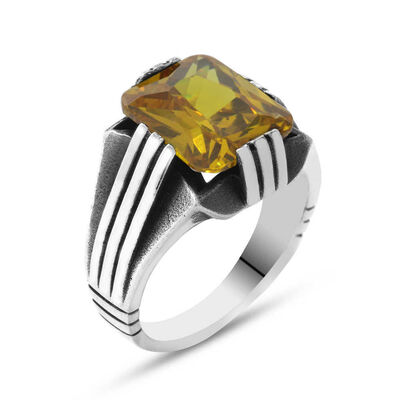 Elegant Mens 925 Sterling Silver Yellow Zirconia Ring