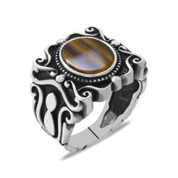 Elegant Mens Tiger Eye Stone 925 Sterling Silver Ring - Thumbnail