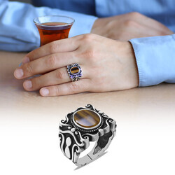 Elegant Mens Tiger Eye Stone 925 Sterling Silver Ring - Thumbnail
