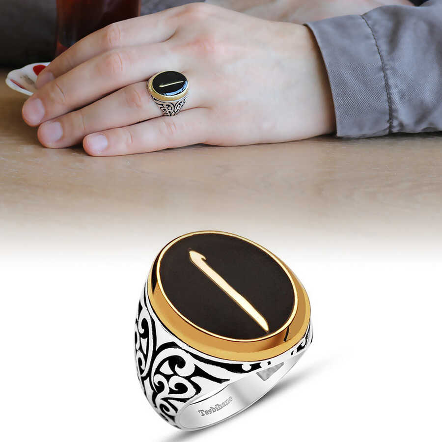 Elif Patterned Black Enamel 925 Sterling Silver Mens Ring