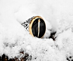 Elif Patterned Black Enamel 925 Sterling Silver Mens Ring - Thumbnail