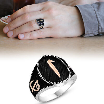 Elif Vav 925 Sterling Silver Embroidered Elif Written Mens Ring - 1