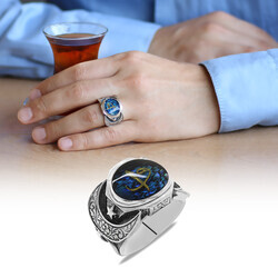 Elif & Vav Crescent Star Blue Enamel 925 Sterling Silver Mens Ring - Thumbnail