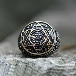 Embroidered Antique Mens Solomon Color Seal 925 Sterling Silver Ring - Thumbnail