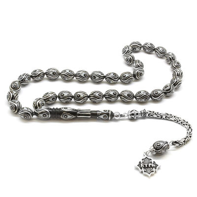 Erzurum Oltu 925 Sterling Silver Prayer Beads With Tassel And Silver Enamel