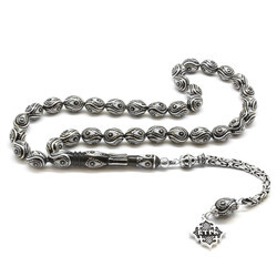 Erzurum Oltu 925 Sterling Silver Prayer Beads With Tassel And Silver Enamel - Thumbnail