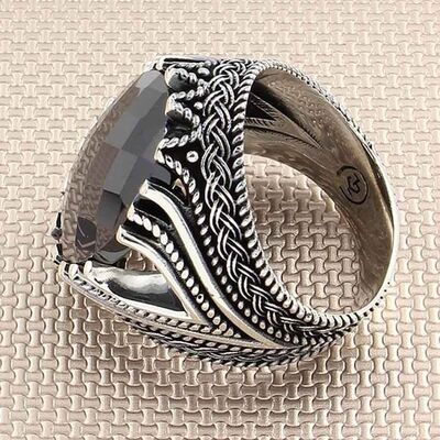 Facet Cut Model Knot Male Sterling Silver Ring With Black Zirconia - 2