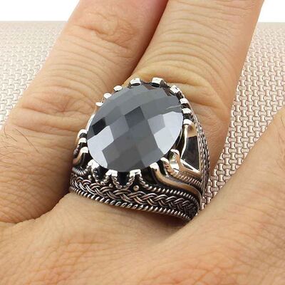 Facet Cut Model Knot Male Sterling Silver Ring With Black Zirconia - 3