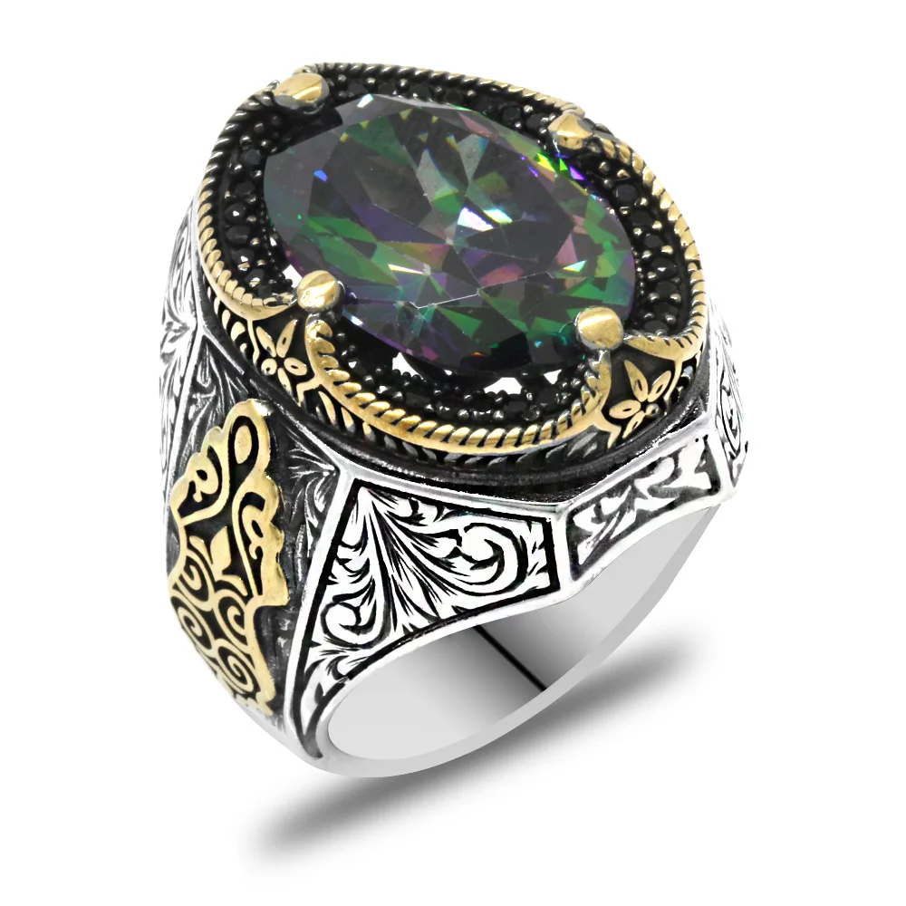 Facet Cut Mystic Topaz Stone Side Gothic Decorated 925 Sterling Silver Men's Ring - 3