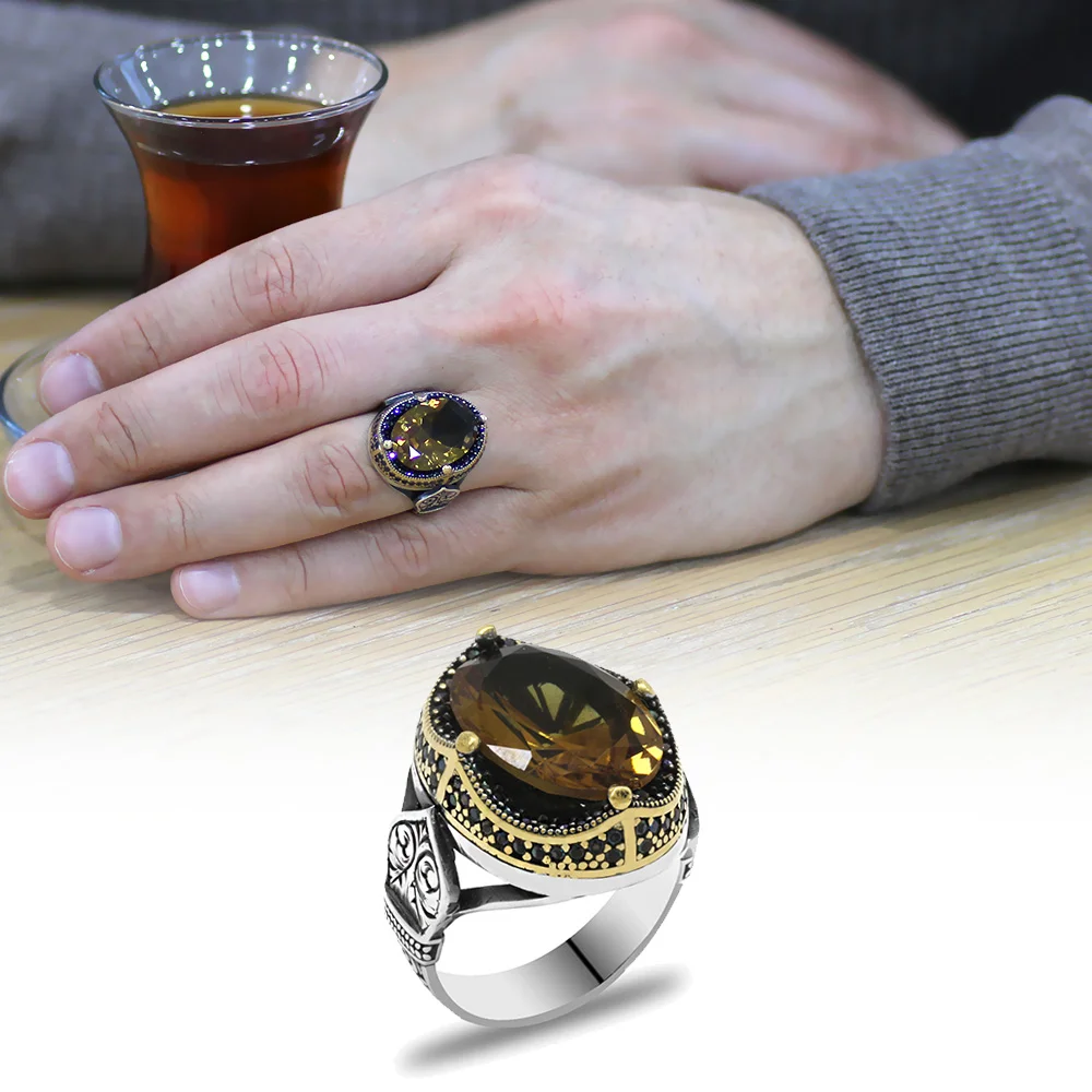 Facet Cut Zultanite Stone Edges Pen Work 925 Sterling Silver Men's Ring - Thumbnail