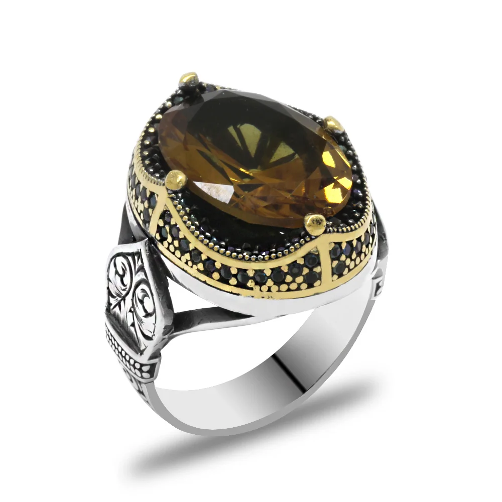 Facet Cut Zultanite Stone Edges Pen Work 925 Sterling Silver Men's Ring - Thumbnail