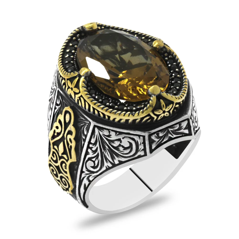 Facet Cut Zultanite Stone Side Gothic Decorated 925 Sterling Silver Men's Ring - 3