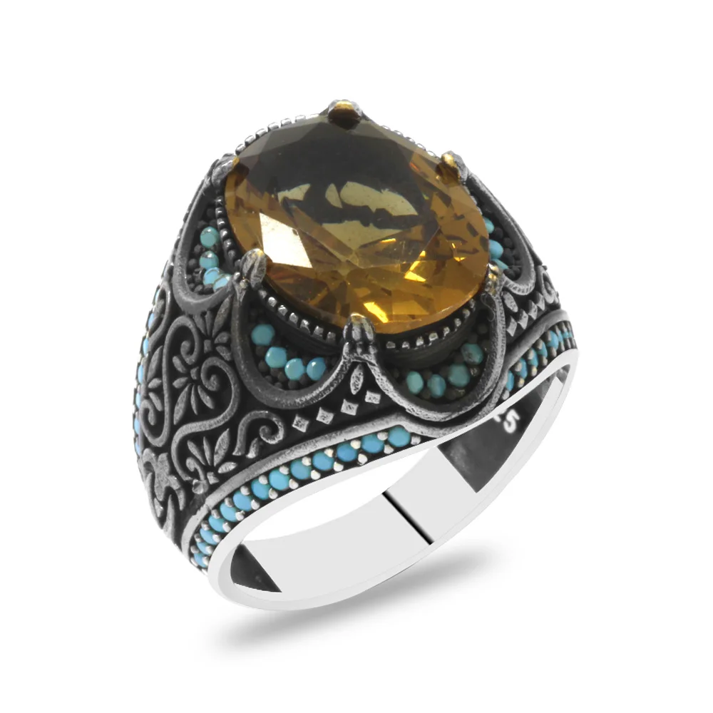 Facet Cut Zultanite Stone Sides Turquoise Stone Set King Crown Design 925 Sterling Silver Men's Ring - 3
