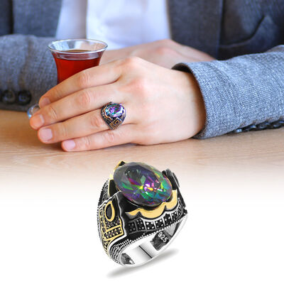 Faceted Cut Mystic Topaz 925 Sterling Silver Mens Ring - 1