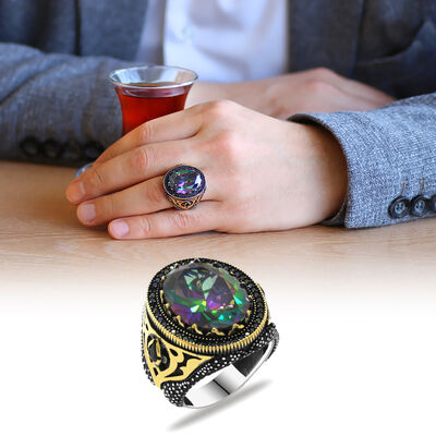 Faceted Stone 925 Sterling Silver Mens Ring With Mystic Topaz And Black Zirconia