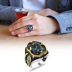 Faceted Stone 925 Sterling Silver Mens Ring With Mystic Topaz And Sword On The Sides - Thumbnail
