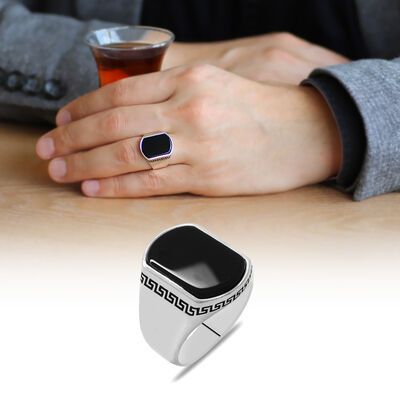 Flat Design Black Onyx 925 Sterling Silver Mens Ring - 1