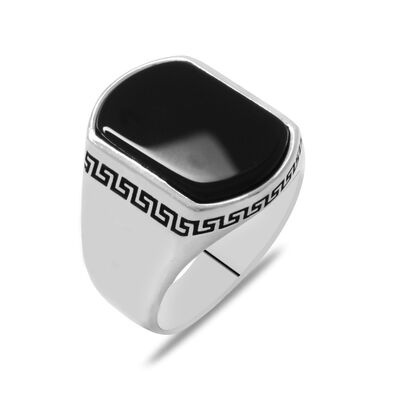 Flat Design Black Onyx 925 Sterling Silver Mens Ring