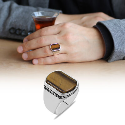 Flat Design Tiger Eye Stone 925 Sterling Silver Men Ring - 1