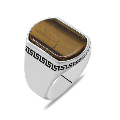 Flat Design Tiger Eye Stone 925 Sterling Silver Men Ring - 3