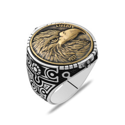 Freedom Eagle Oval Design 925 Sterling Silver Mens Ring - Thumbnail