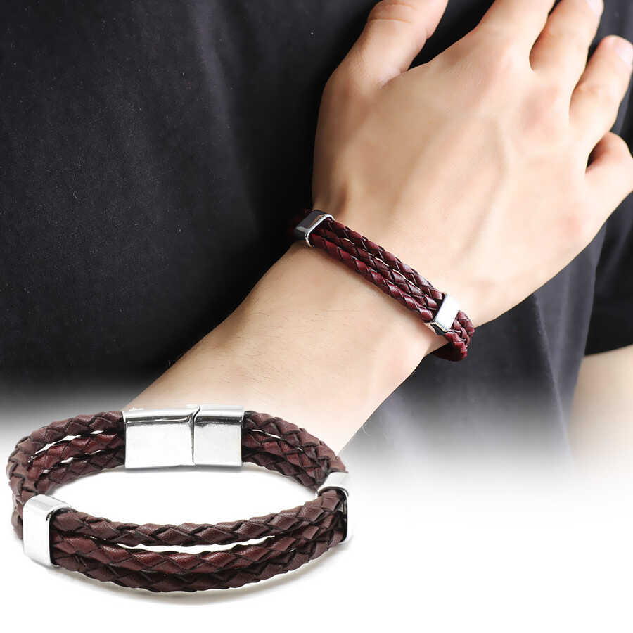 Full Round Straw Design Three Row Brown Combination Men Leather And Steel Bracelet