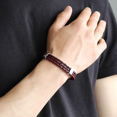 Full Round Straw Design Three Row Brown Combination Men Leather And Steel Bracelet