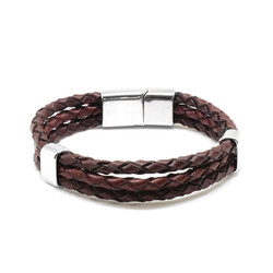 Full Round Straw Design Three Row Brown Combination Men Leather And Steel Bracelet - Thumbnail