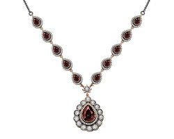 Genuine Women's 925 Sterling Silver Necklace With Red Zircon Stone - Thumbnail