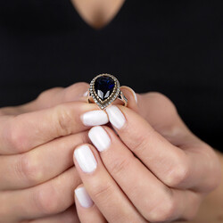 Genuine Womens 925 Sterling Silver Zirconia Blue Ruby Stone Ring - Thumbnail