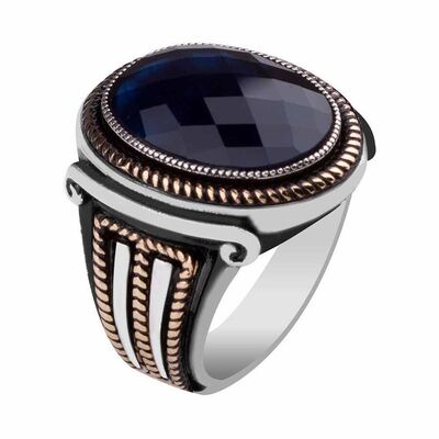 Gold Embroidered Detailed Navy Blue Mens Ring İn Sterling Silver With Zircon Stone And Cut - 1