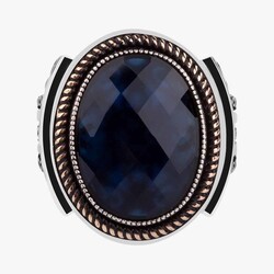 Gold Embroidered Detailed Navy Blue Mens Ring İn Sterling Silver With Zircon Stone And Cut - 2