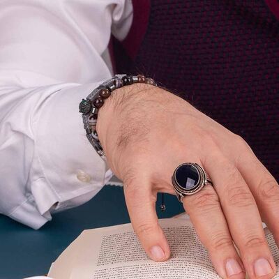 Gold Embroidered Detailed Navy Blue Mens Ring İn Sterling Silver With Zircon Stone And Cut - 5
