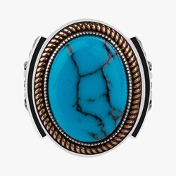Gold Engraved Detailed Men's Sterling Silver Turquoise Ring - 2