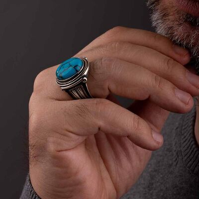 Gold Engraved Detailed Men's Sterling Silver Turquoise Ring - 6