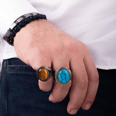 Gold Engraved Detailed Men's Sterling Silver Turquoise Ring - 7