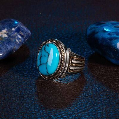 Gold Engraved Detailed Men's Sterling Silver Turquoise Ring - 8