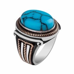 Gold Engraved Detailed Men's Sterling Silver Turquoise Ring - 9